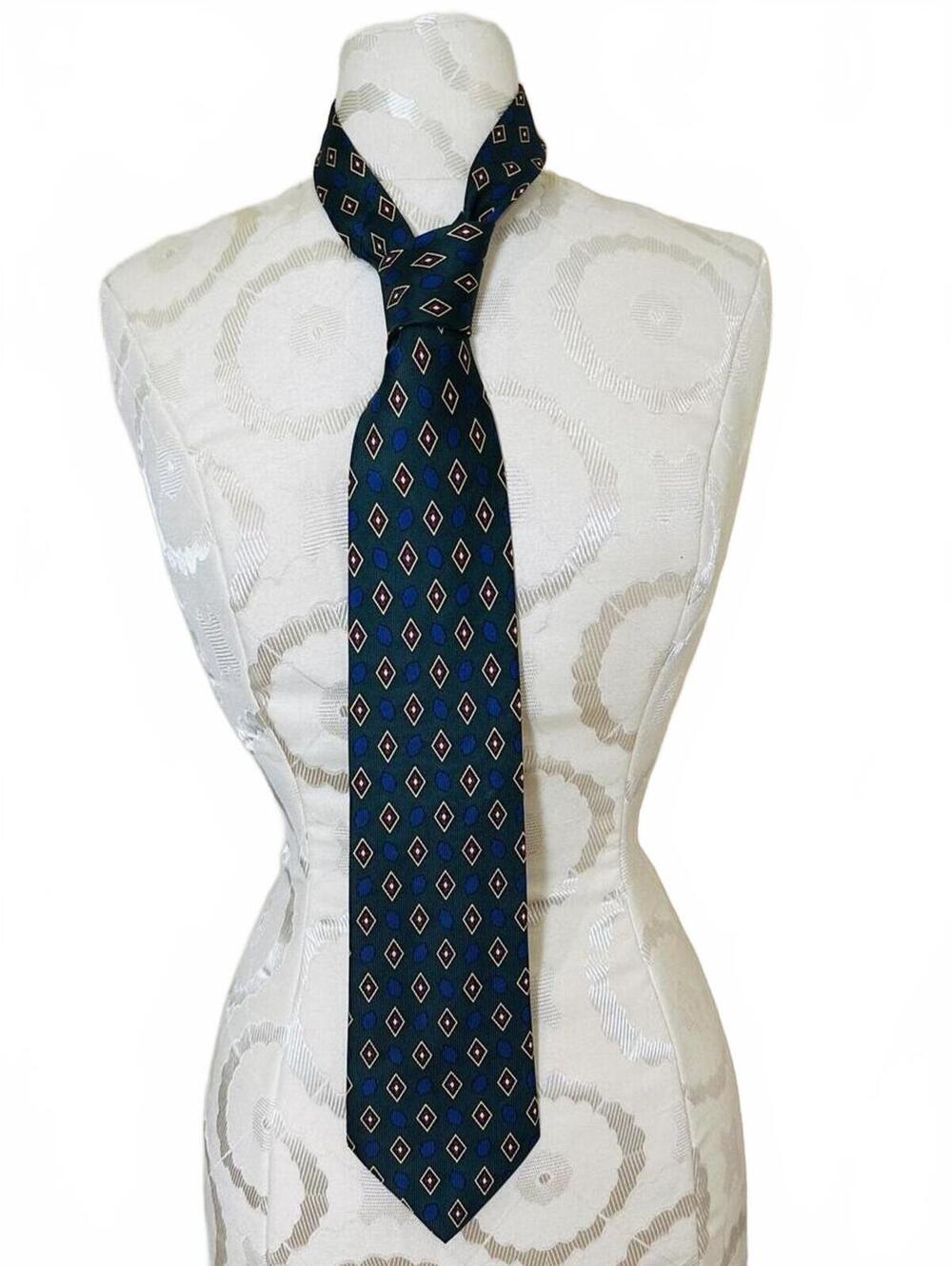 Neiman Marcus 'Richel' Men's Tie 100% Silk Dark Green Diamond Patterned Spain